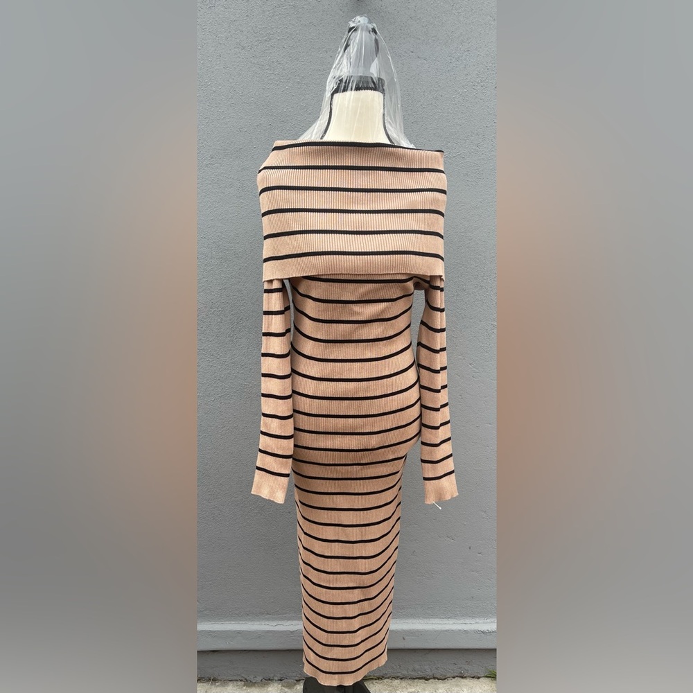 Striped Off-Shoulder Sweater - Tan and Black